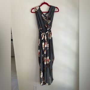 Halter Neck Split Leg Floral Gray Jumpsuit